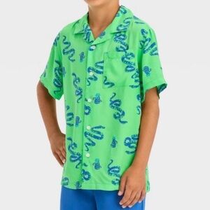CAT & JACK Green Snake and Cactus Print Button Down Rayon Shirt